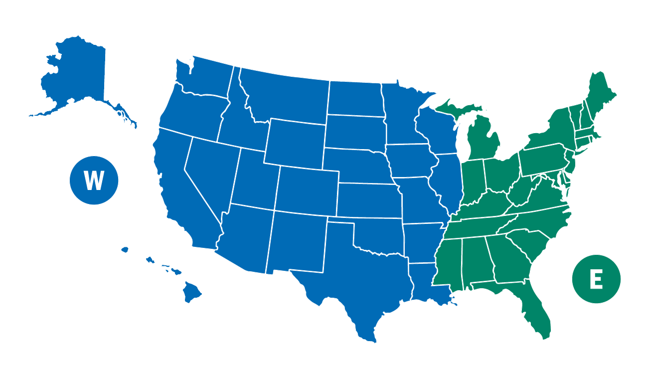 TRICARE Stateside Regions U.S. map showing states in the TRICARE East Region and states in the TRICARE West Region