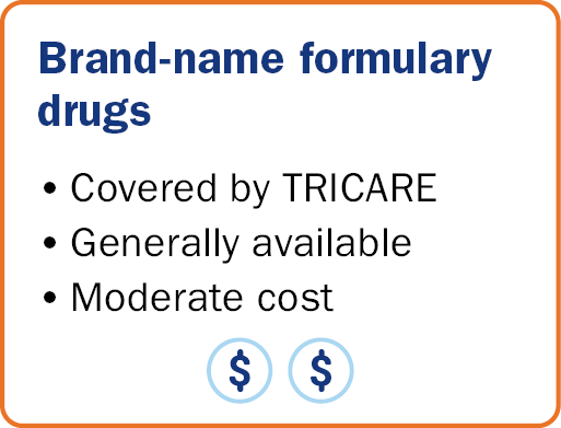 Brand-name formulary drugs: covered by TRICARE, generally available, moderate cost.