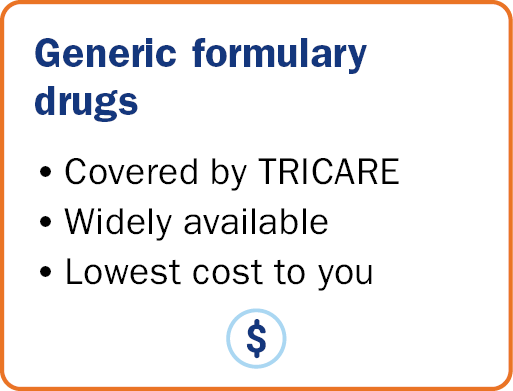 Generic formulary drugs: Covered by TRICARE, widely available, and lowest cost to you.